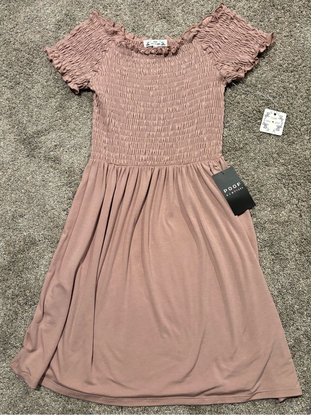 NWT Poof New York Pink Smocked Stretch Square Neck Off the Shoulder Dress Medium